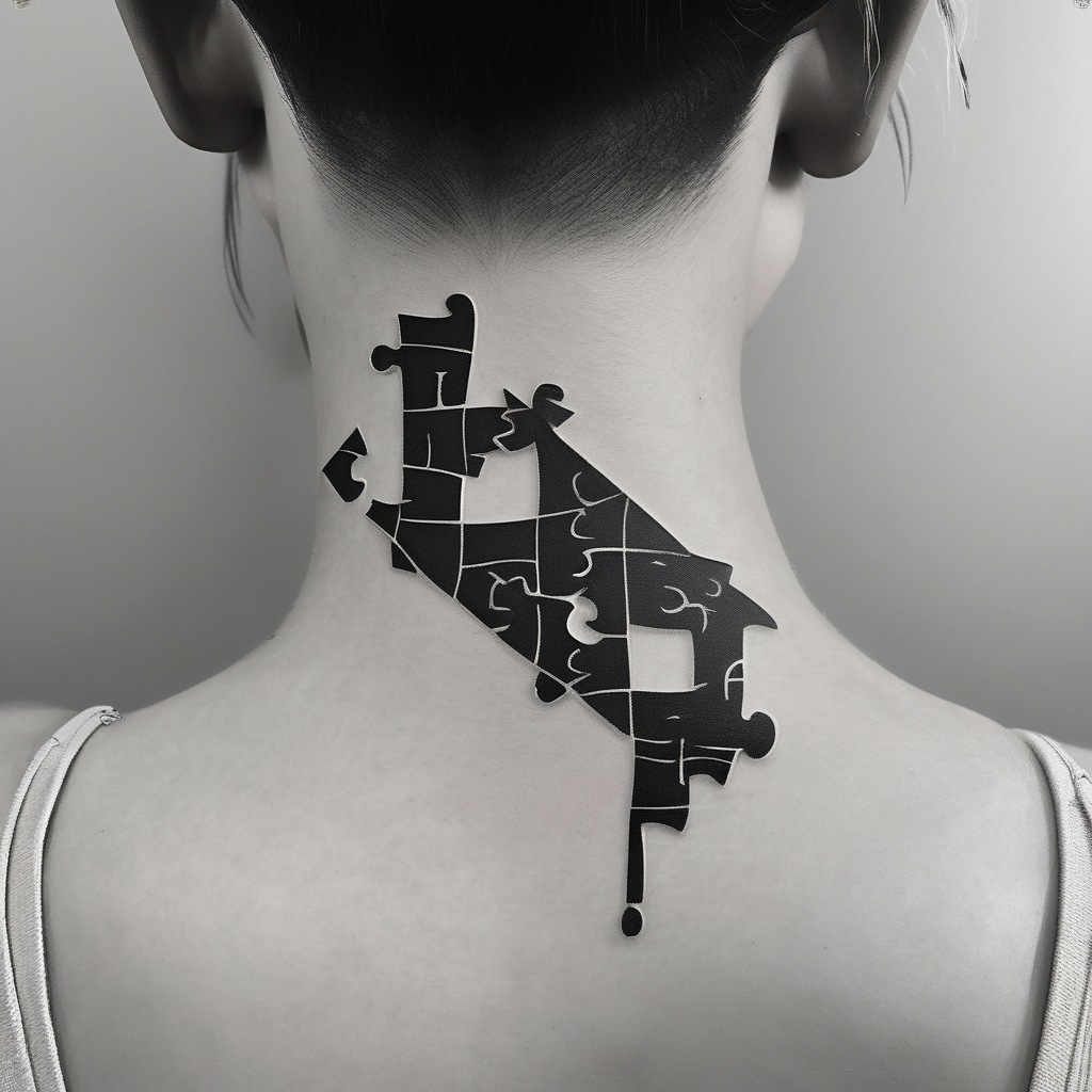 side of the neck puzzle piece tattoo where one of the pieces says Rella drake tattoos, diseño de tatuaje Realista generado con IA